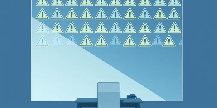 A cold blue-gray illustration of repeated warning messages on a screen with an empty desk in front, symbolizing observation without action