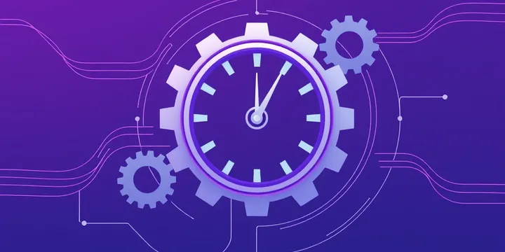 Illustration of interlocking clock gears and recurring schedule loops representing an AI agent automated daily routine