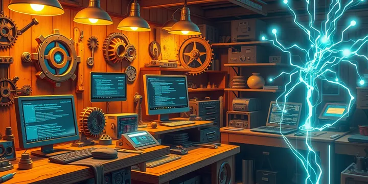 Illustration of interconnected gears and code snippets representing custom developer tooling