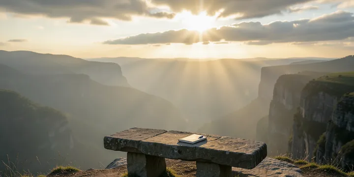 Closed notebook and pen on a stone bench overlooking a sunlit canyon, evoking a quiet, deliberate pause