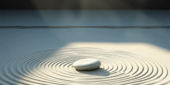 A zen garden with concentric raked sand patterns around a single smooth stone, bathed in soft morning light — representing deliberate stillness